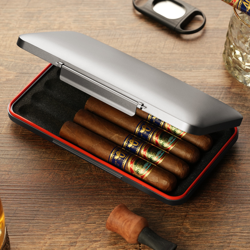 An aluminium blue and white travel cigarette case for 5 cigars