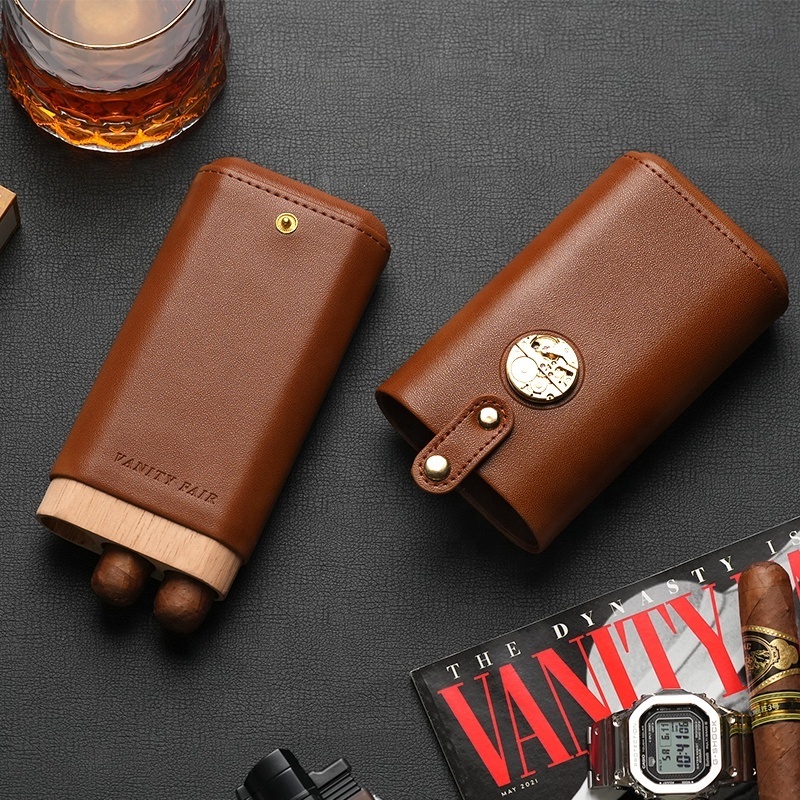 Cigar Accessories Luxury Humidor Portable Cedar Wood Handmade Tube Genuine Leather Travel Cigar Case