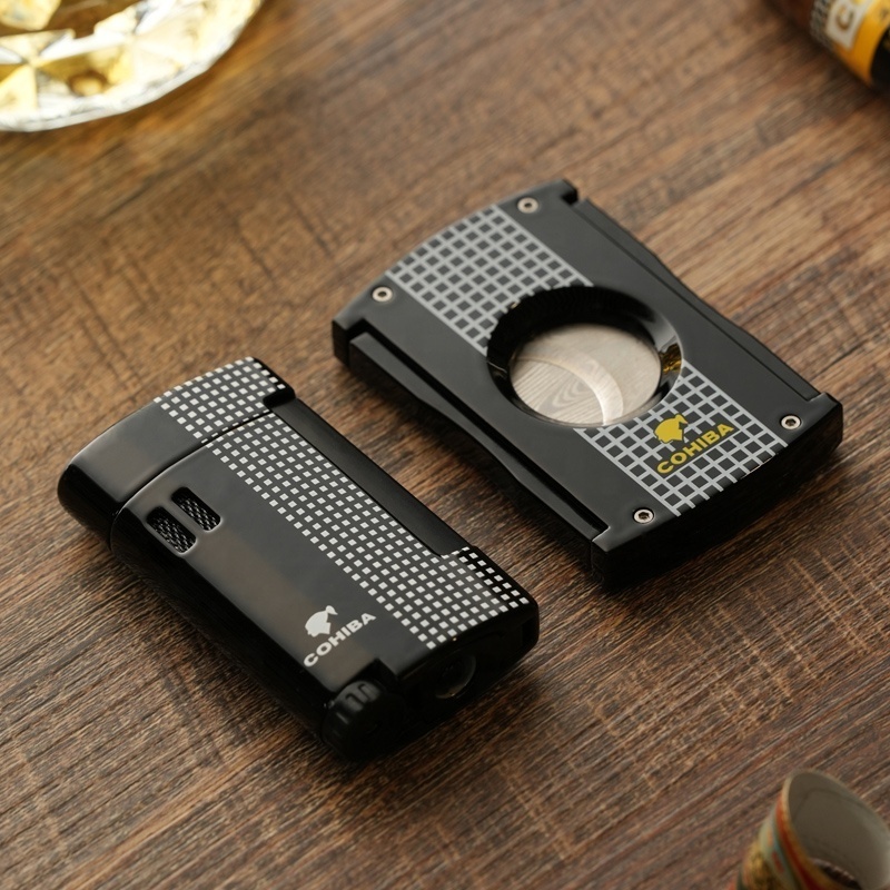 Custom logo metal alloy cigar accessories cigar lighter and cutter set