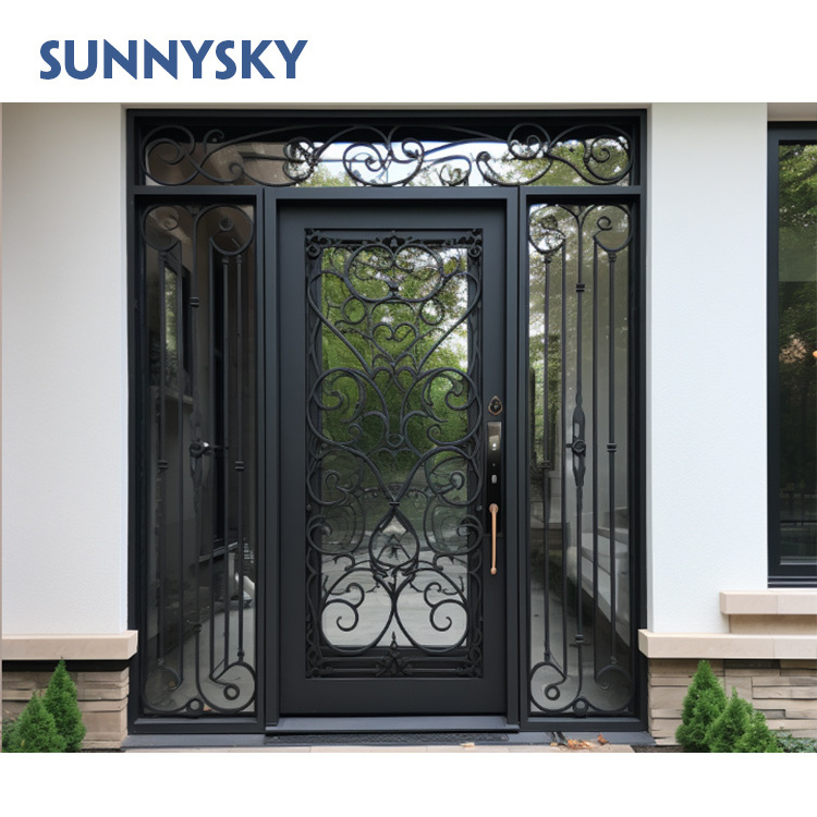 Sunnysky modern internal room fancy metal gate doors designs interior glass wrought iron front entry door