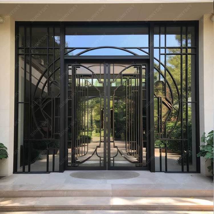 Sunnysky Factory Customize Australian No-rust Iron Entry Glass Church Door Double Entry Wrought Iron Door For Villa