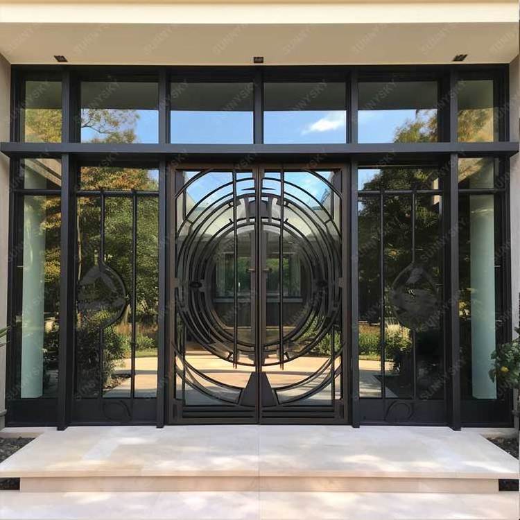 Sunnysky Factory Customize Australian No-rust Iron Entry Glass Church Door Double Entry Wrought Iron Door For Villa