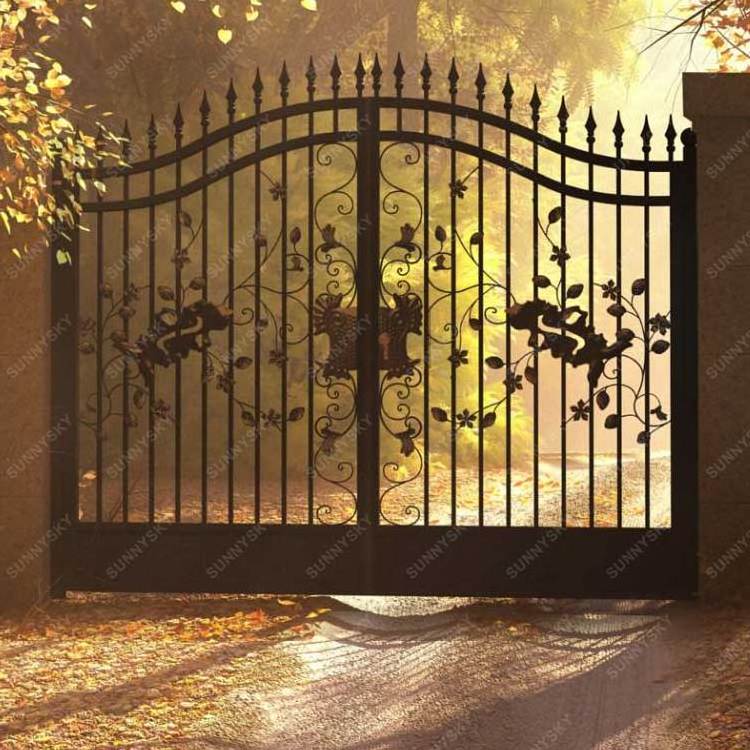 Sunnysky Custom Wrought Iron Residential Main Entrance Gates/Iron Main Gate Door Designs/Aluminum Metal Sliding Gates Factory