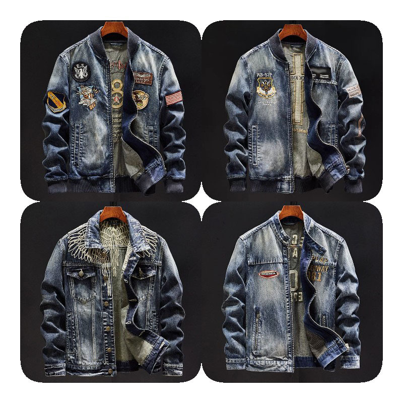 Fashion Street Wear Casual OEM Washed Blue Custom Plain Blank Jeans Wholesale Cotton Denim Bomber Jackets For Jacket Men Coat