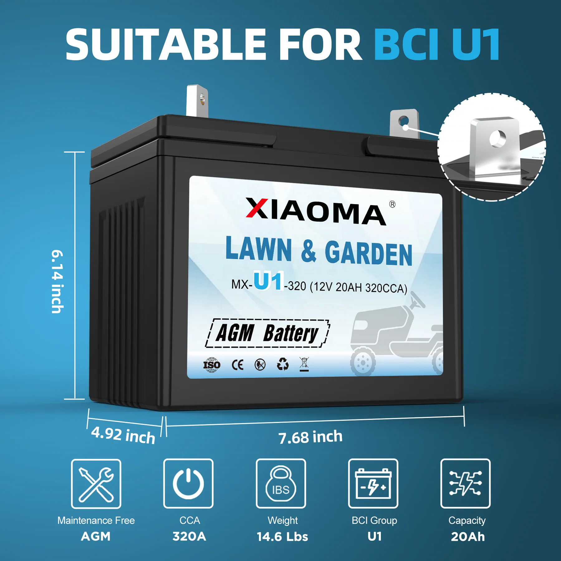 China Factory Customized  U1 320CCA Riding Lawn Mower Batteries, Garden Tractors Battery Maintenance Free AGM Battery