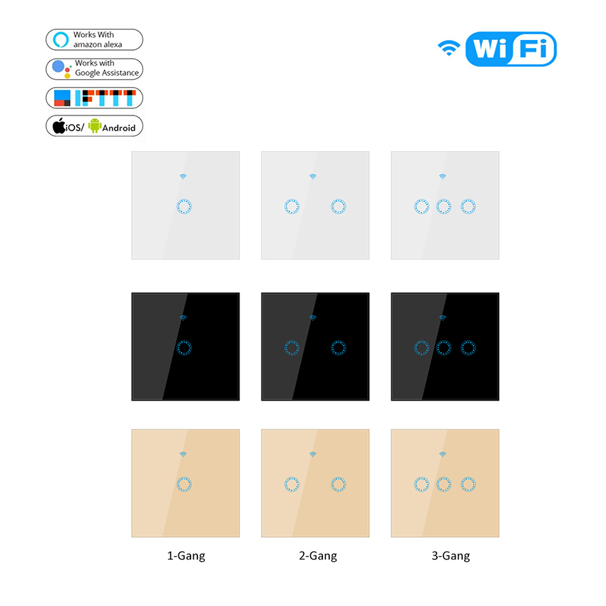 US EU Smart Wifi Wall Touch Switch 1/2/3/4 Gang Glass Panel Light Tuya Switch