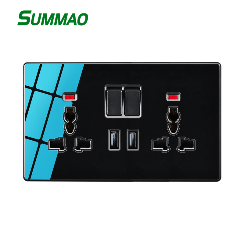 Tempered Glass Double Switch And Socket With USB Adapter  Wall Switch UK EU  Socket 2 Gang Outlet