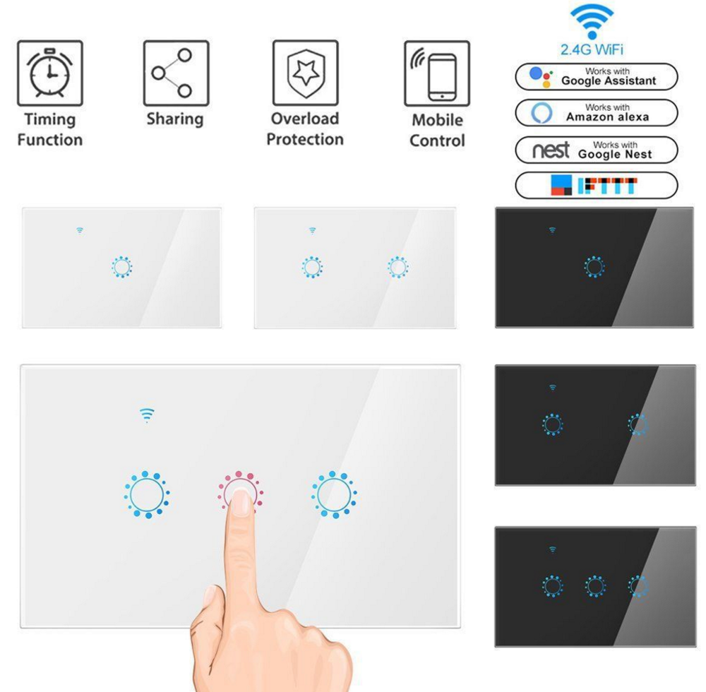 US EU Smart Wifi Wall Touch Switch 1/2/3/4 Gang Glass Panel Light Tuya Switch