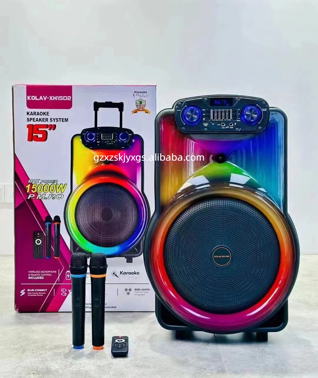 15 Inch DJ Karaoke Bass RGB Light Wireless BT MIC USB Trolley Bluetooths Portable Speakers With Microphone