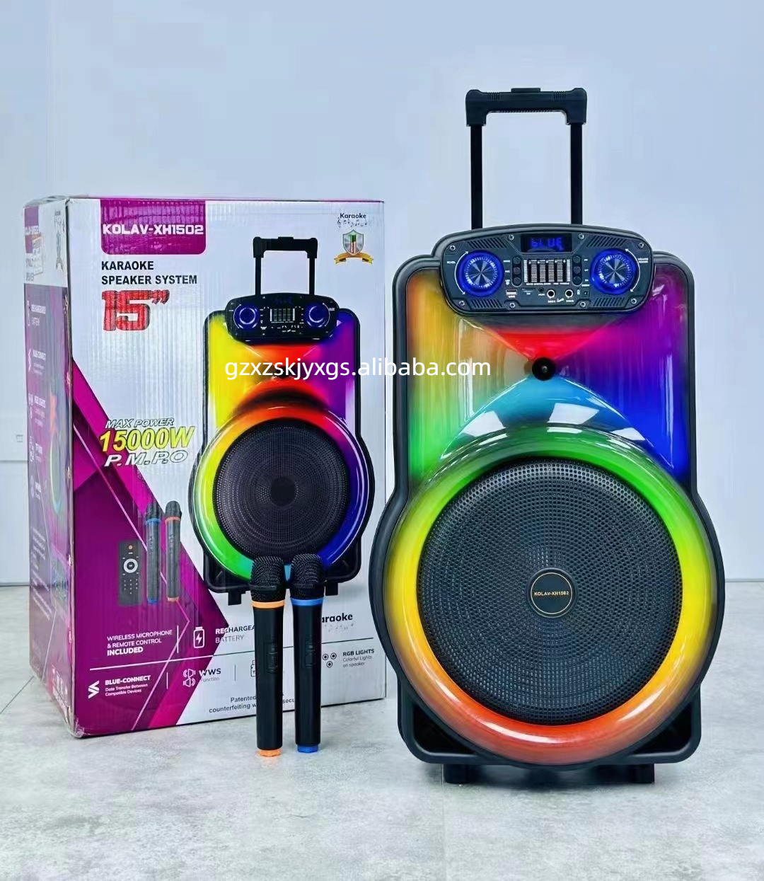 15 Inch DJ Karaoke Bass RGB Light Wireless BT MIC USB Trolley Bluetooths Portable Speakers With Microphone