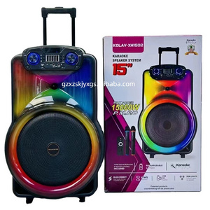 15 Inch DJ Karaoke Bass RGB Light Wireless BT MIC USB Trolley Bluetooths Portable Speakers With Microphone