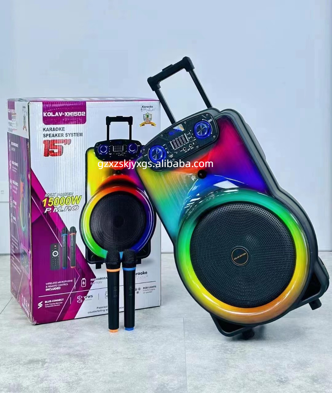 15 Inch DJ Karaoke Bass RGB Light Wireless BT MIC USB Trolley Bluetooths Portable Speakers With Microphone