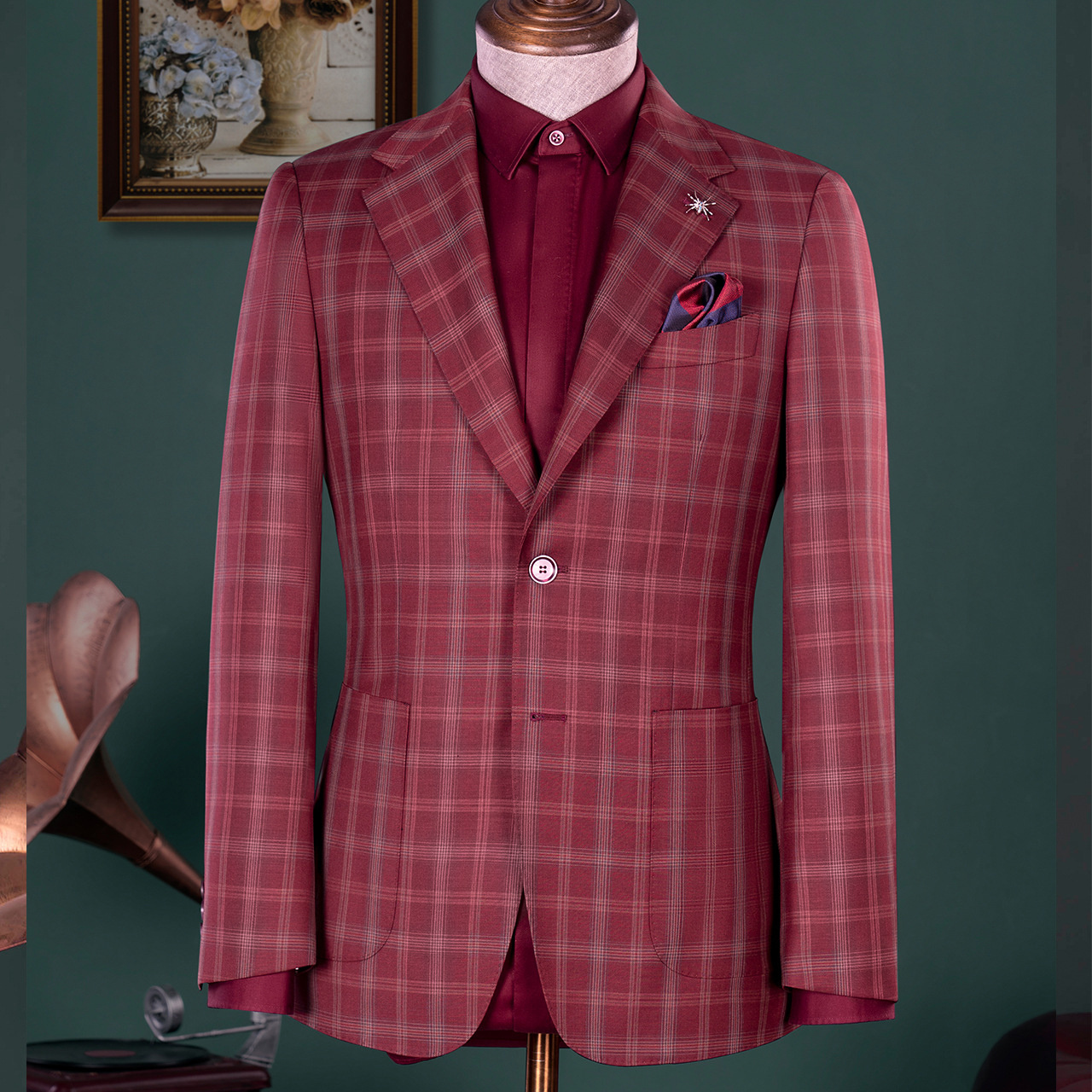 Customized high-end atmospheric men's suits slim fit set plaid wool double breasted suit for weddings