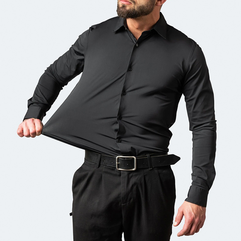 Stylish and simple men's long-sleeved shirt solid color non-ironing lapel slim men's long-sleeved shirt.