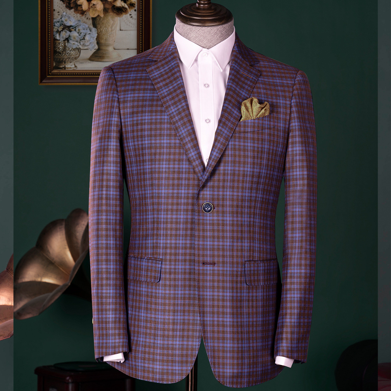 Customized high-end atmospheric men's suits slim fit set plaid wool double breasted suit for weddings