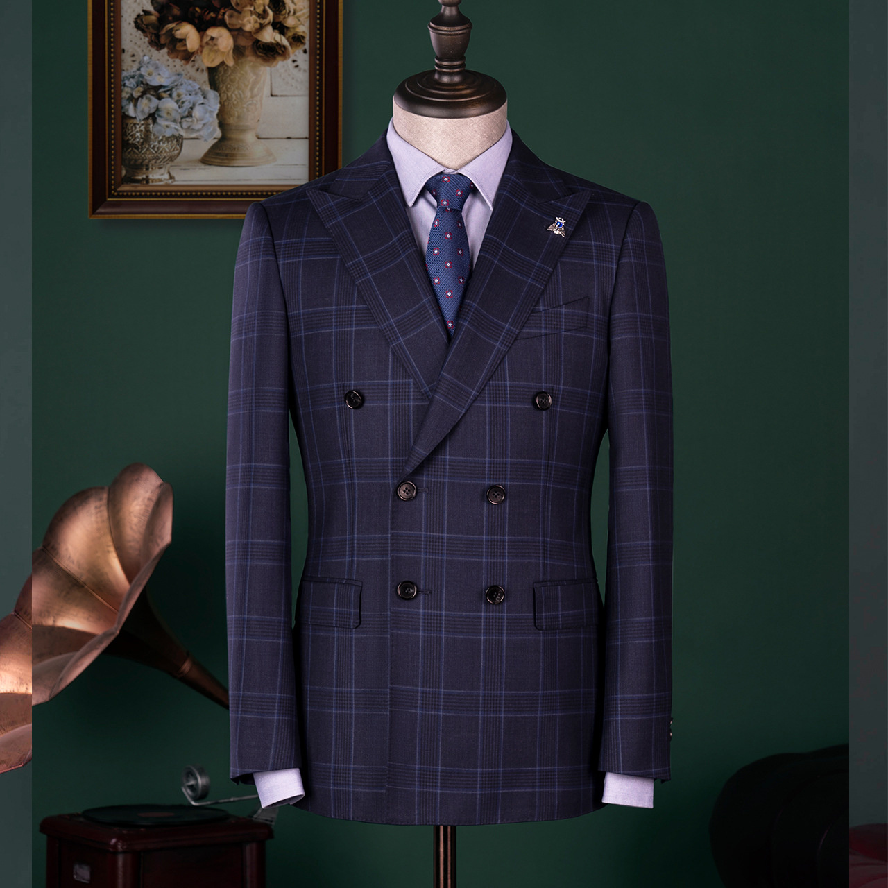 Customized high-end atmospheric men's suits slim fit set plaid wool double breasted suit for weddings