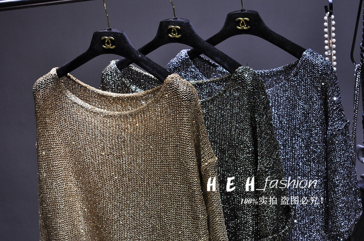 Europe Station Fashion Big Brand Gold Thread Shiny Silk Short Pullover Front and Back Shiny Piece Long T-shirt Medium Long Cut O