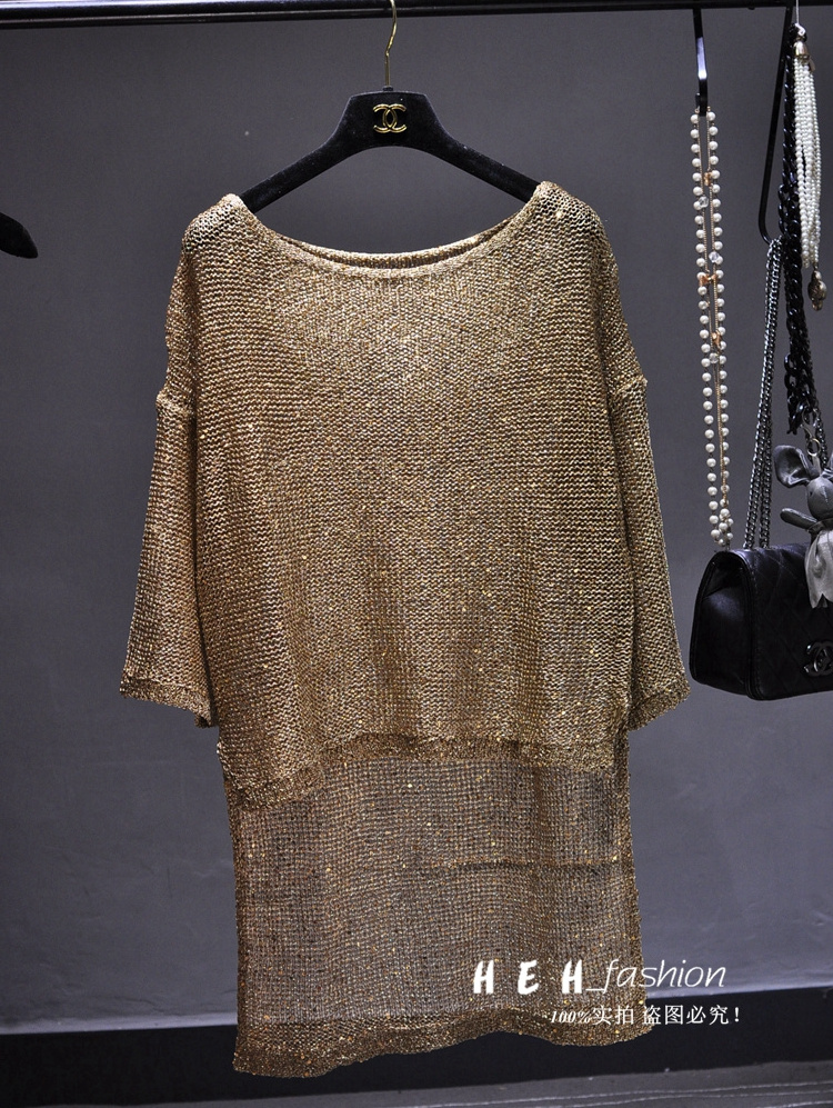 Europe Station Fashion Big Brand Gold Thread Shiny Silk Short Pullover Front and Back Shiny Piece Long T-shirt Medium Long Cut O