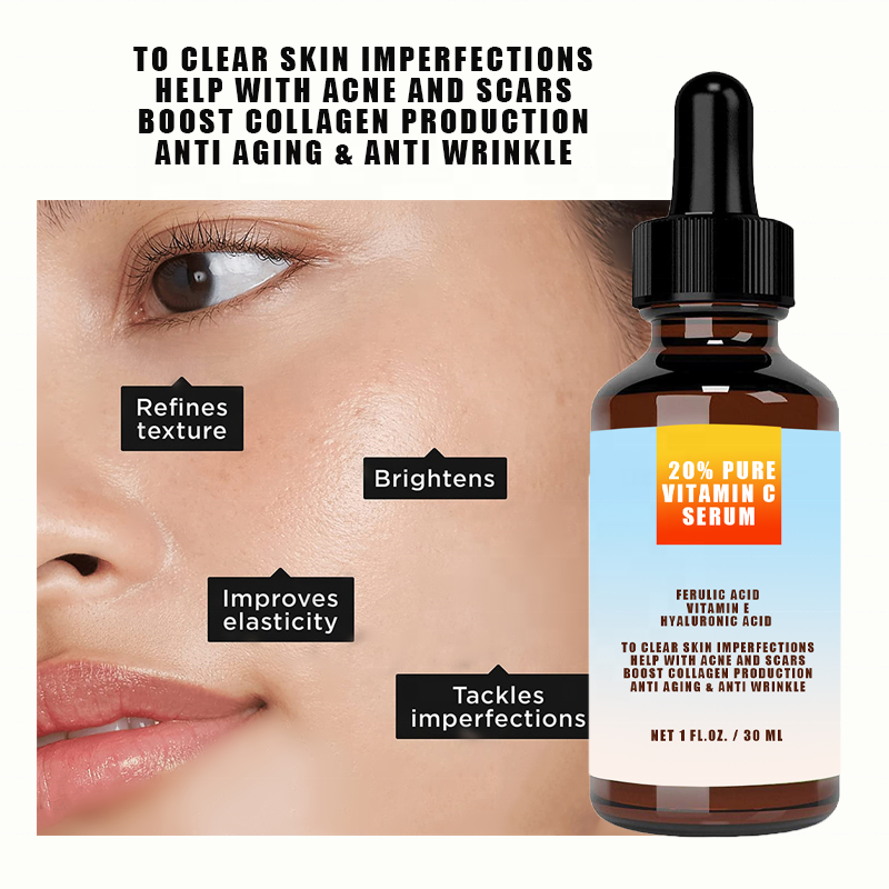 Vegan Moisturizing Anti Aging Wrinkles Whitening 20% Vitamin C Serum With Ferulic Acid Vitamin E Hyaluronic Acid For Acne Scars