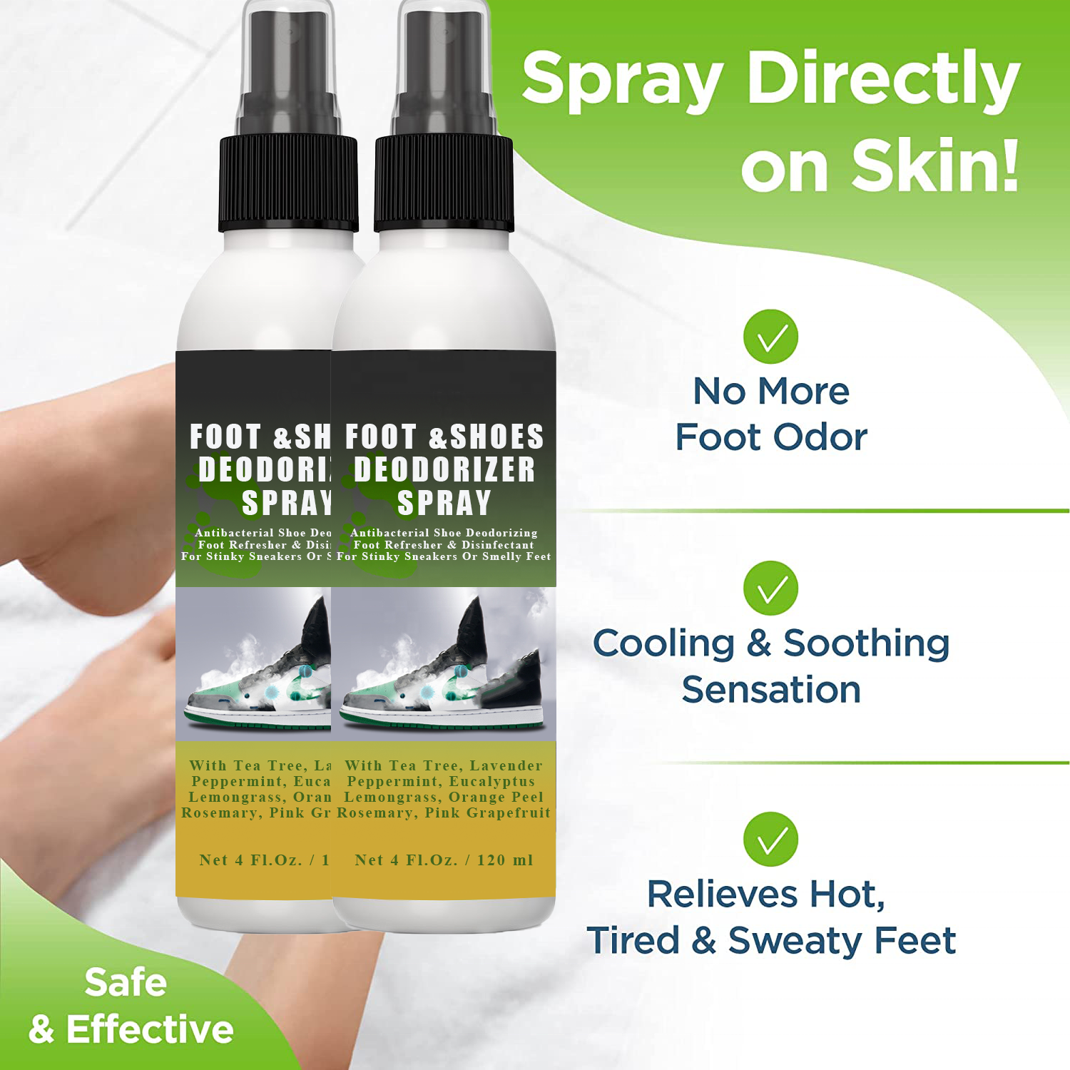 OEM Underarm Foot Shoes Deodorizing Spray with Peppermint Eucalyptus Thyme Essential Oils and100% Natural Coffee Extract