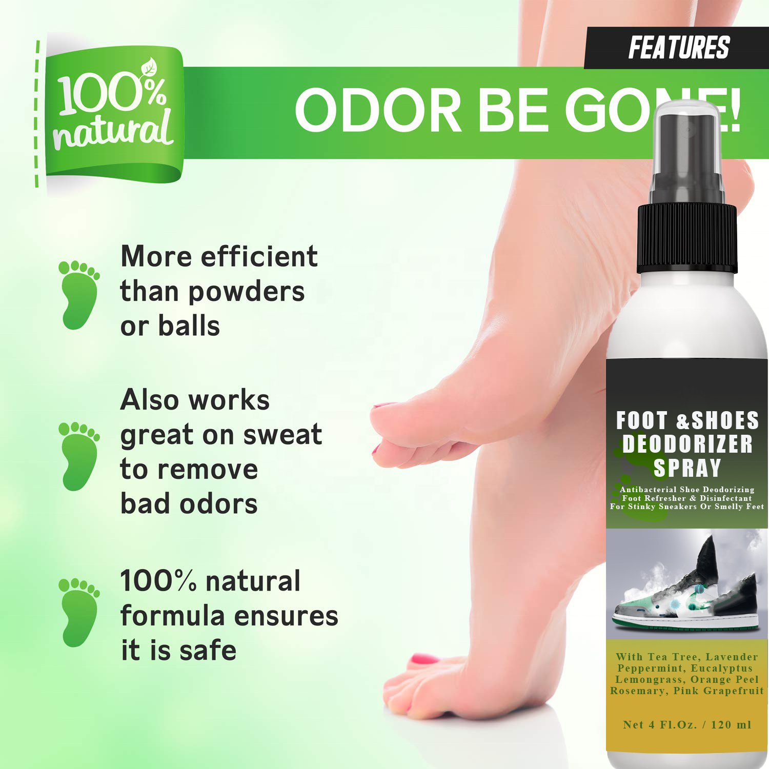 NEW Shoe Odor Remover Spray Stinky Sneakers Smelly Foot Deodorant Shoes Deodorizer Odor Eliminator with Tea Tree Eucalyptus Mint