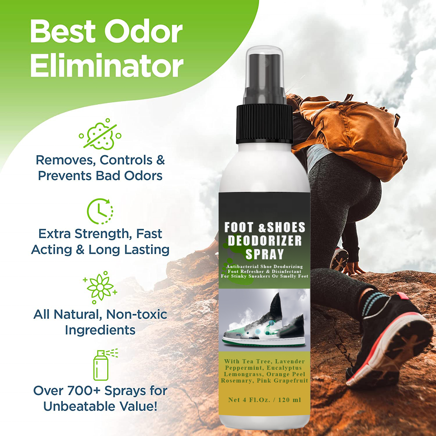 NEW Shoe Odor Remover Spray Stinky Sneakers Smelly Foot Deodorant Shoes Deodorizer Odor Eliminator with Tea Tree Eucalyptus Mint