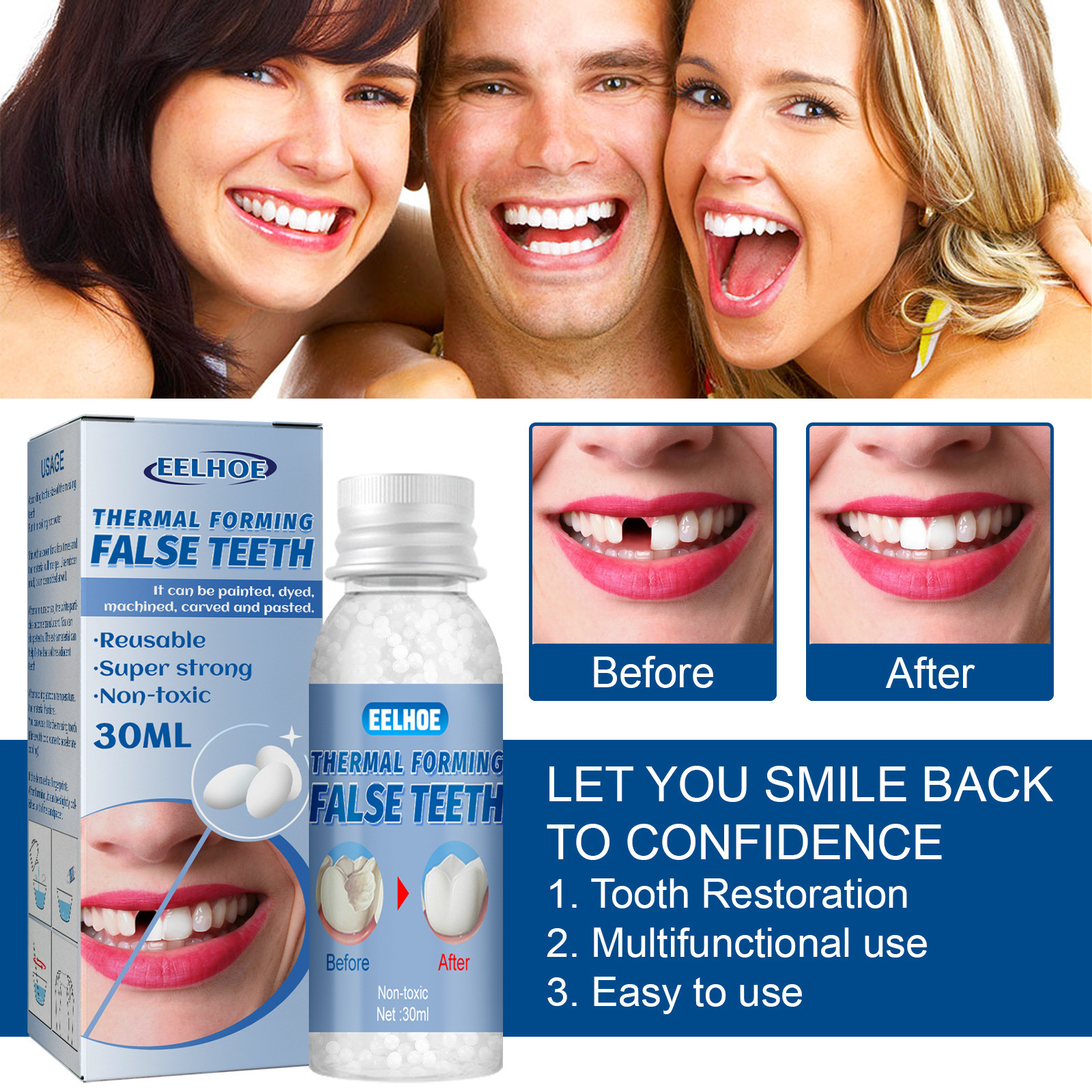 EELHOE Dental Glue Teeth Repair Reusable Moldable Temporary False Teeth Solid Glue 30ml