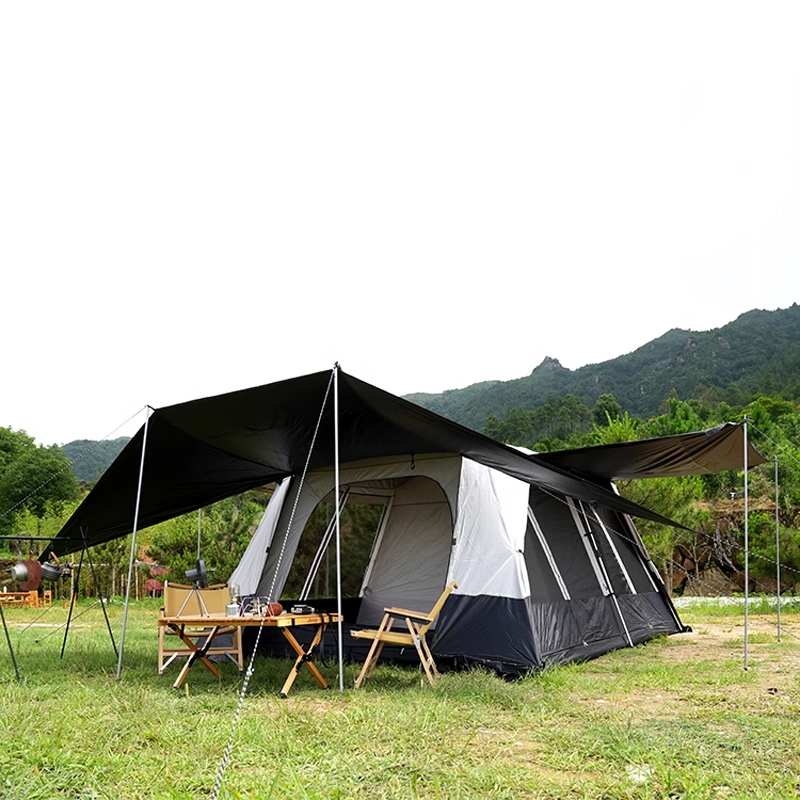 5-8 Person Outdoor Camping Tent with 2 Bedrooms Living Room Canvas Fabric Breathable Oxford Cloth Supported Thickened for Beach