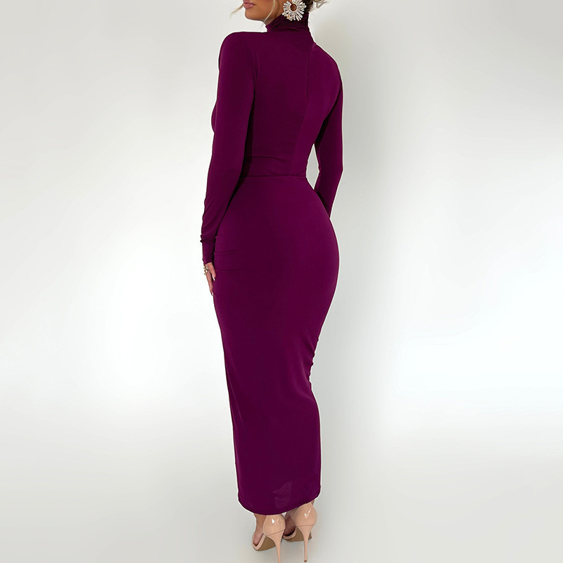 Fall Y2K Turtleneck Sheath Casual Maxi Dress For Women Long Sleeve Empire Lace Dress Purple