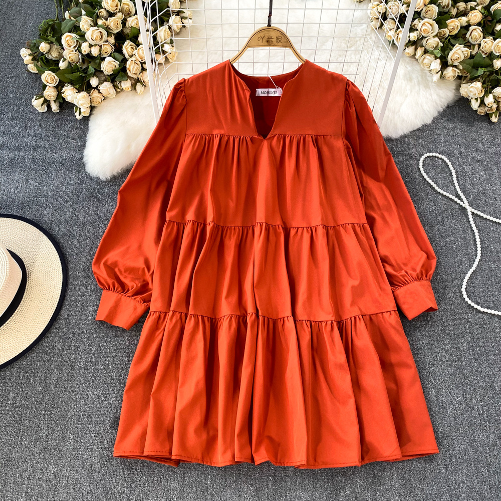 Summer Korean V-Neck Pleated Mini Dress For Women Long Sleeve Empire Shift Lace Dress Black White Red Yellow Orange