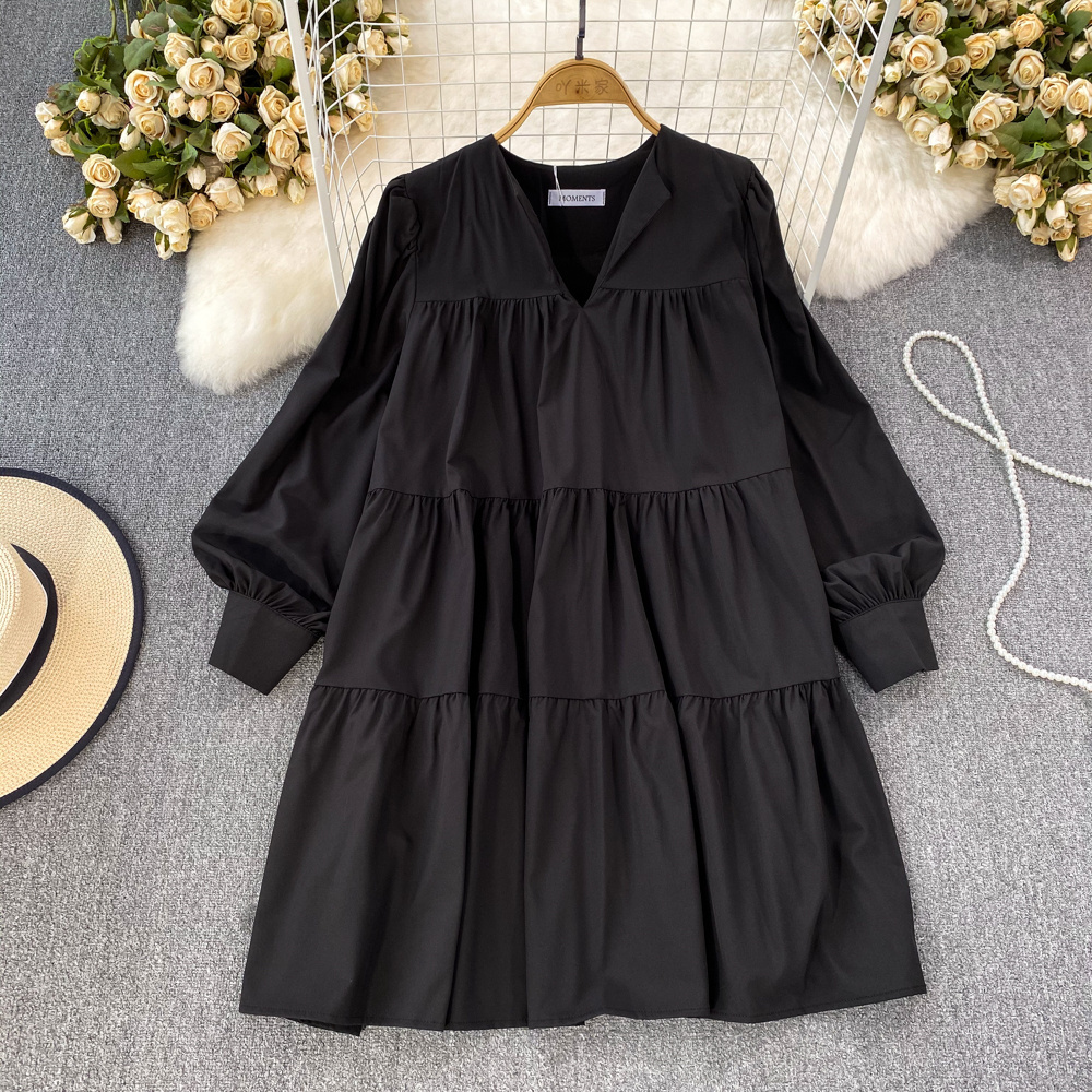 Summer Korean V-Neck Pleated Mini Dress For Women Long Sleeve Empire Shift Lace Dress Black White Red Yellow Orange