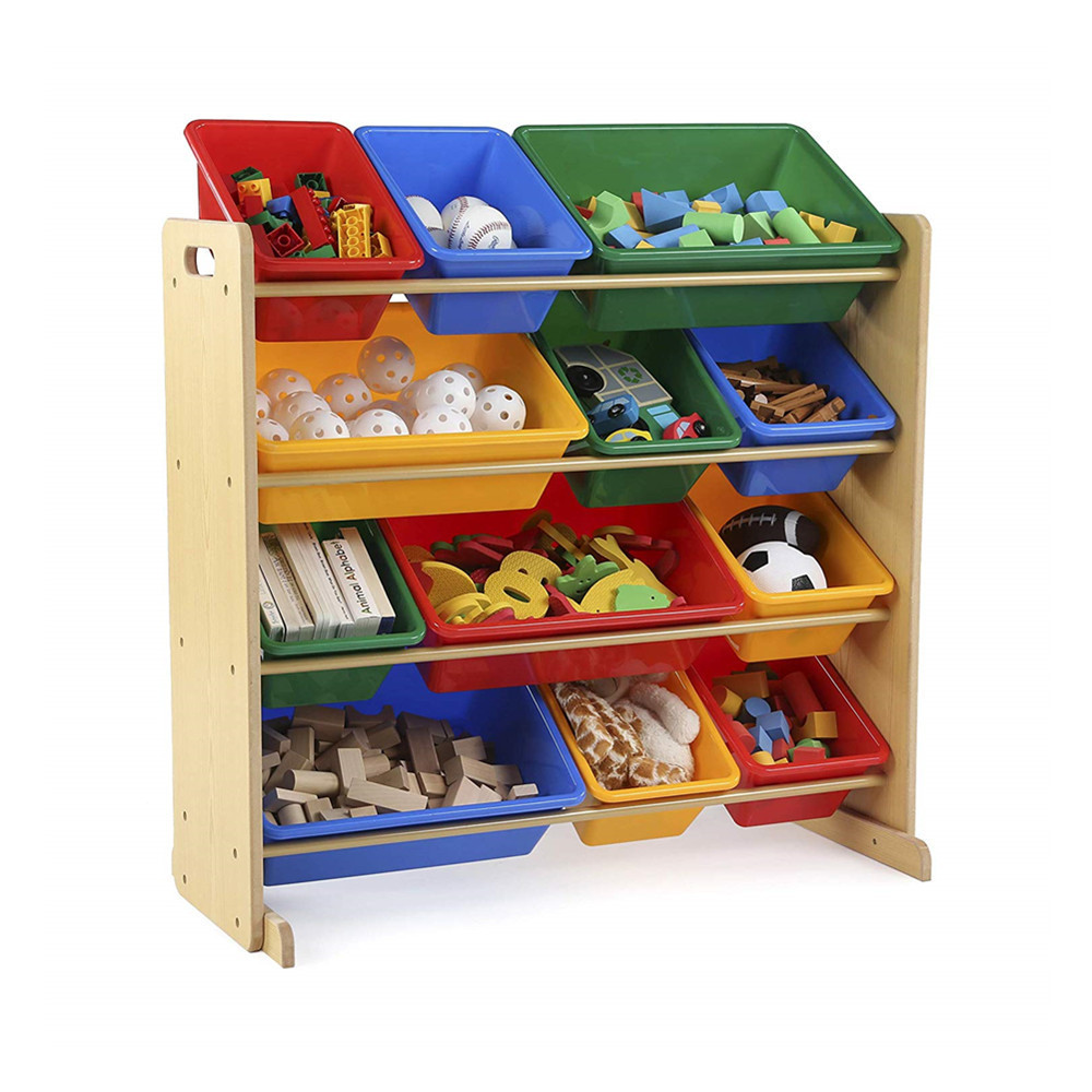 Kids toy storage organizer with removable plastic bins