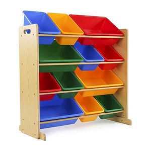 Kids toy storage organizer with removable plastic bins