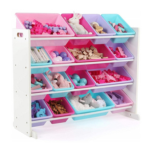 Kids Wooden Toy Rack with Movable Plastic Storage Organizer