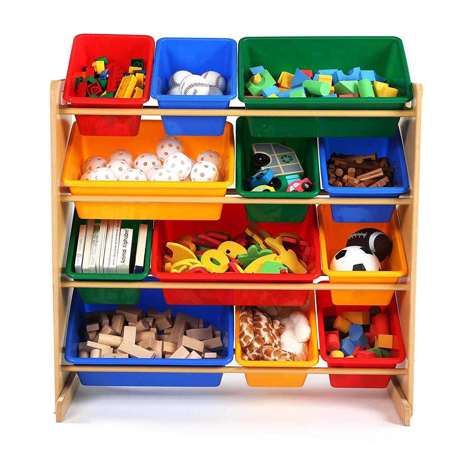 Kids toy storage organizer with removable plastic bins