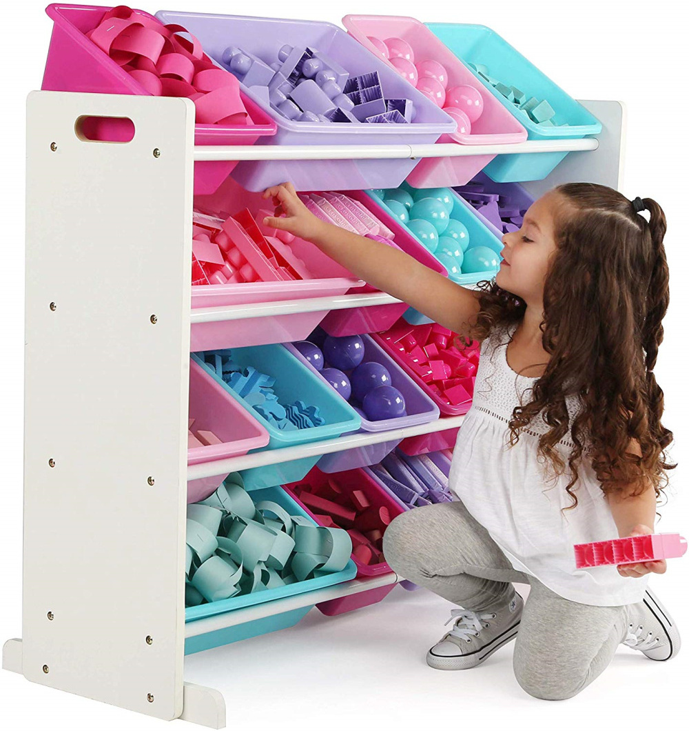 Kids Wooden Toy Rack with Movable Plastic Storage Organizer