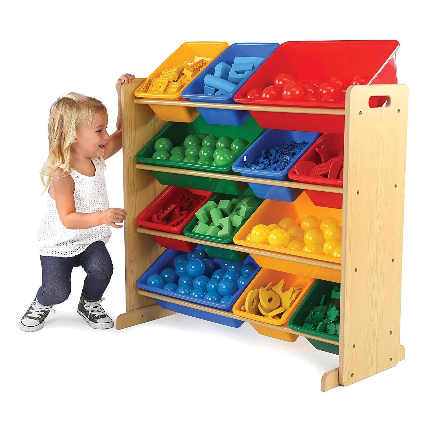 Kids toy storage organizer with removable plastic bins