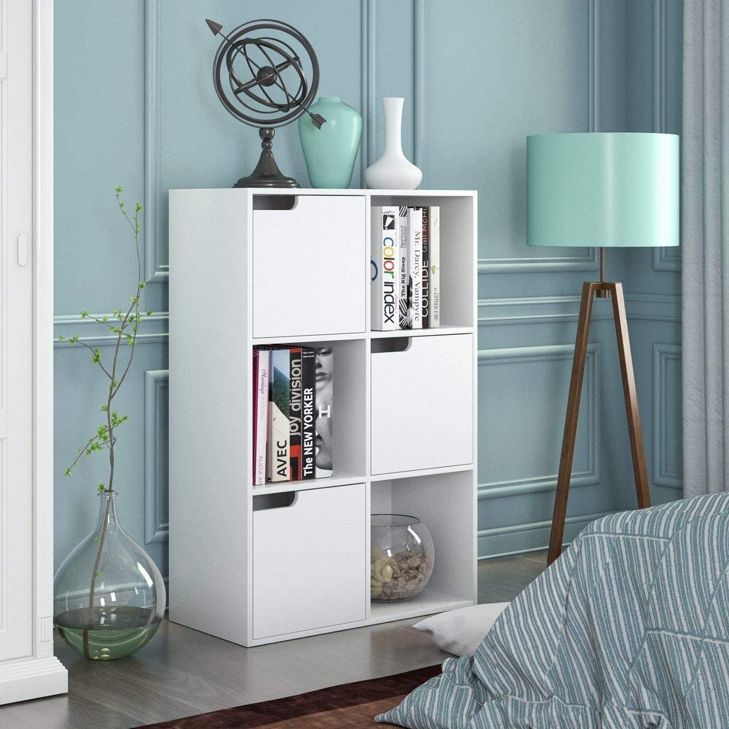 Cube Bookcase White Cube Bookshelf Wooden Display Shelf Organizer Home Office with 3 Doors