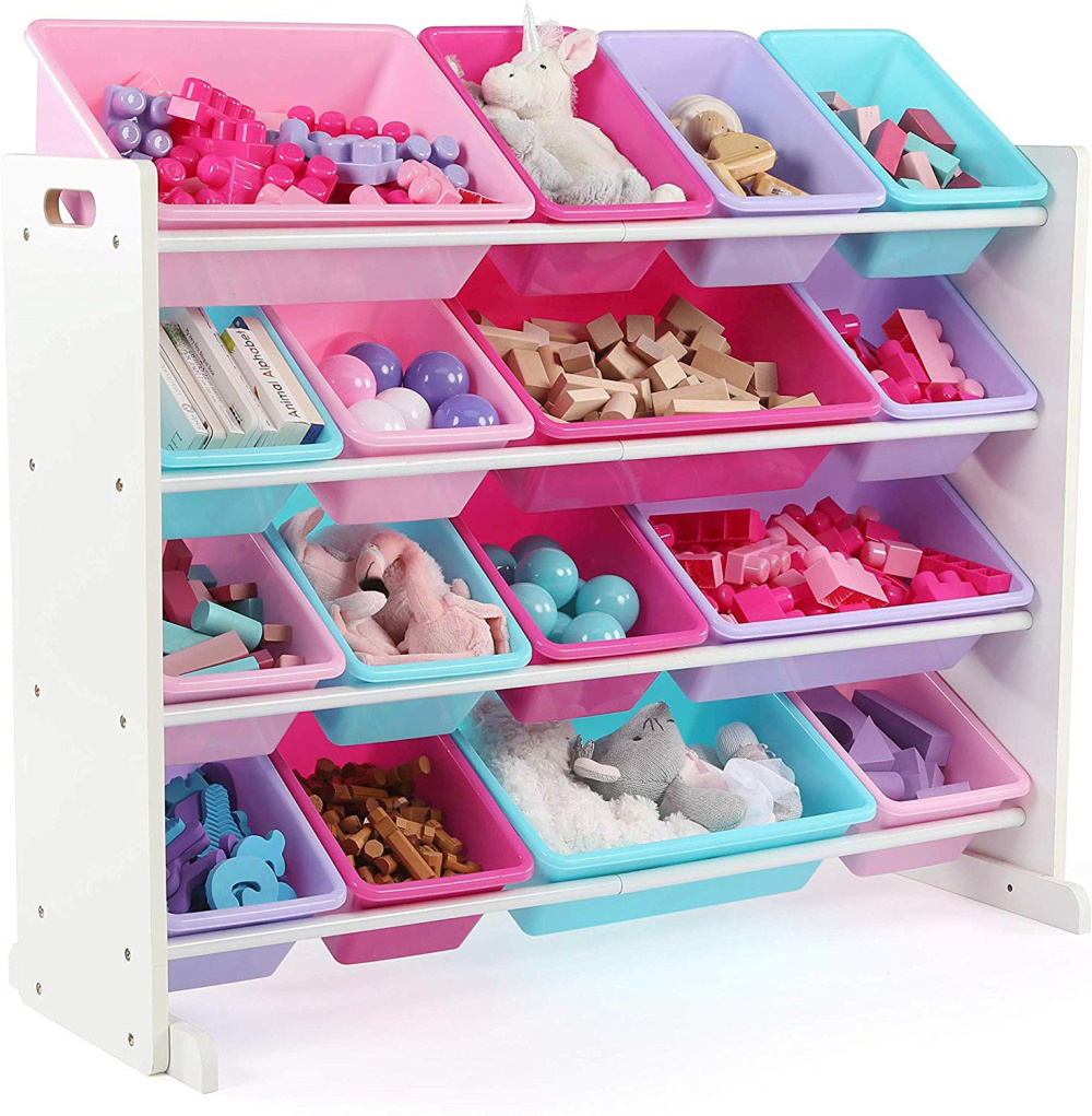 Kids Wooden Toy Rack with Movable Plastic Storage Organizer