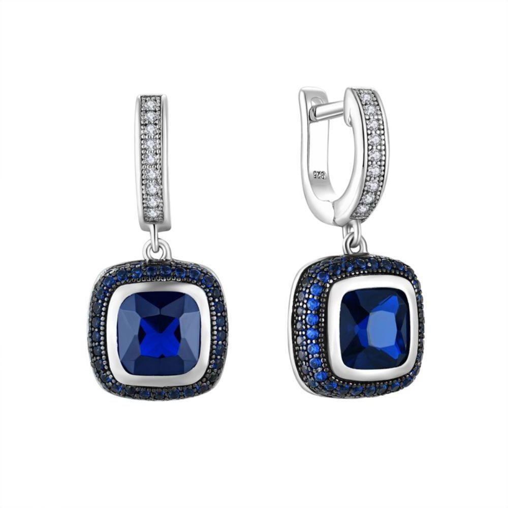 Hot Fashion Silver Jewellery Womens Rectangle Blue Sapphire Diamond Drop Earrings Trending