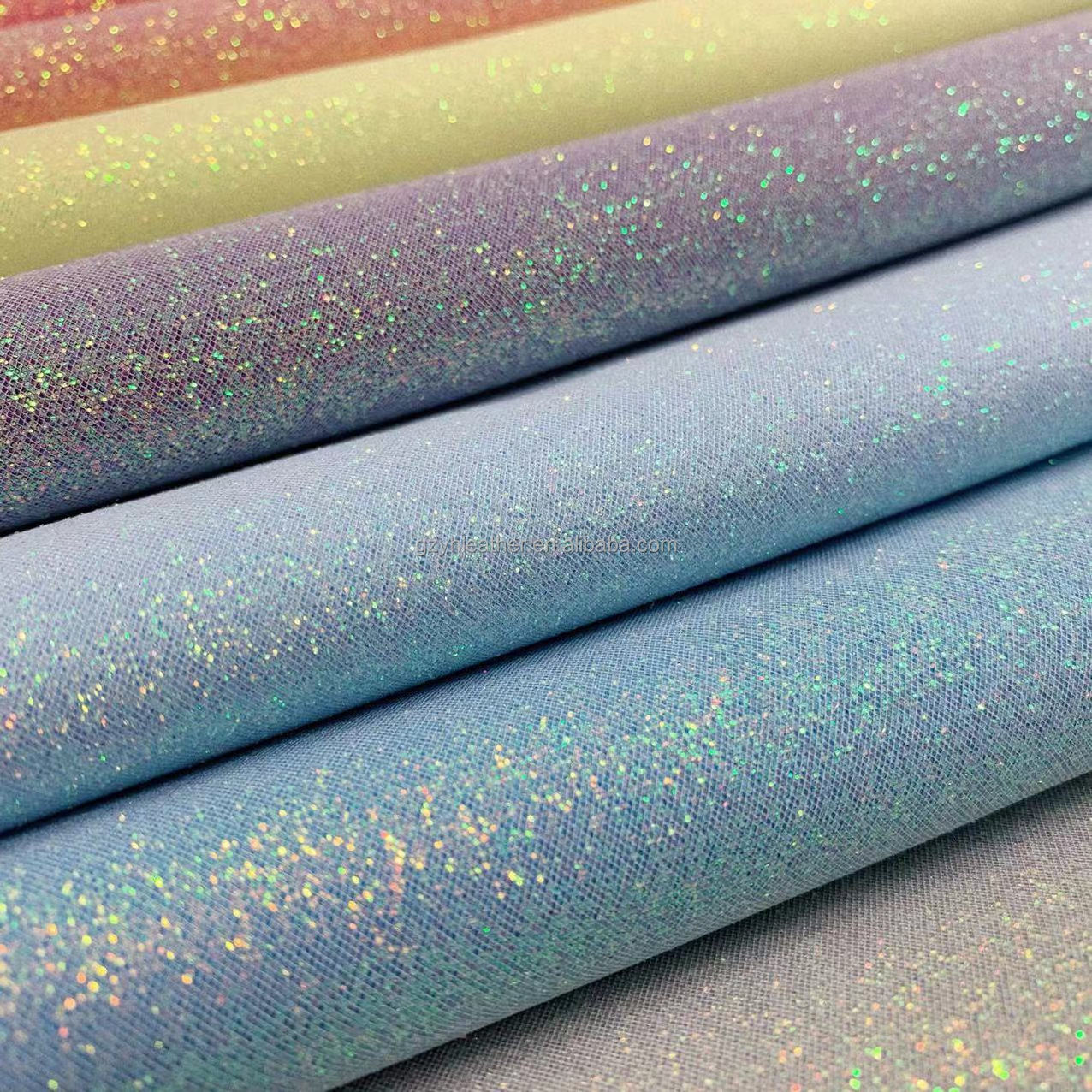 metallic shiny holographic fabric elastic polyester backing bright color shimmer glitter leather fabric for coat bags shoes