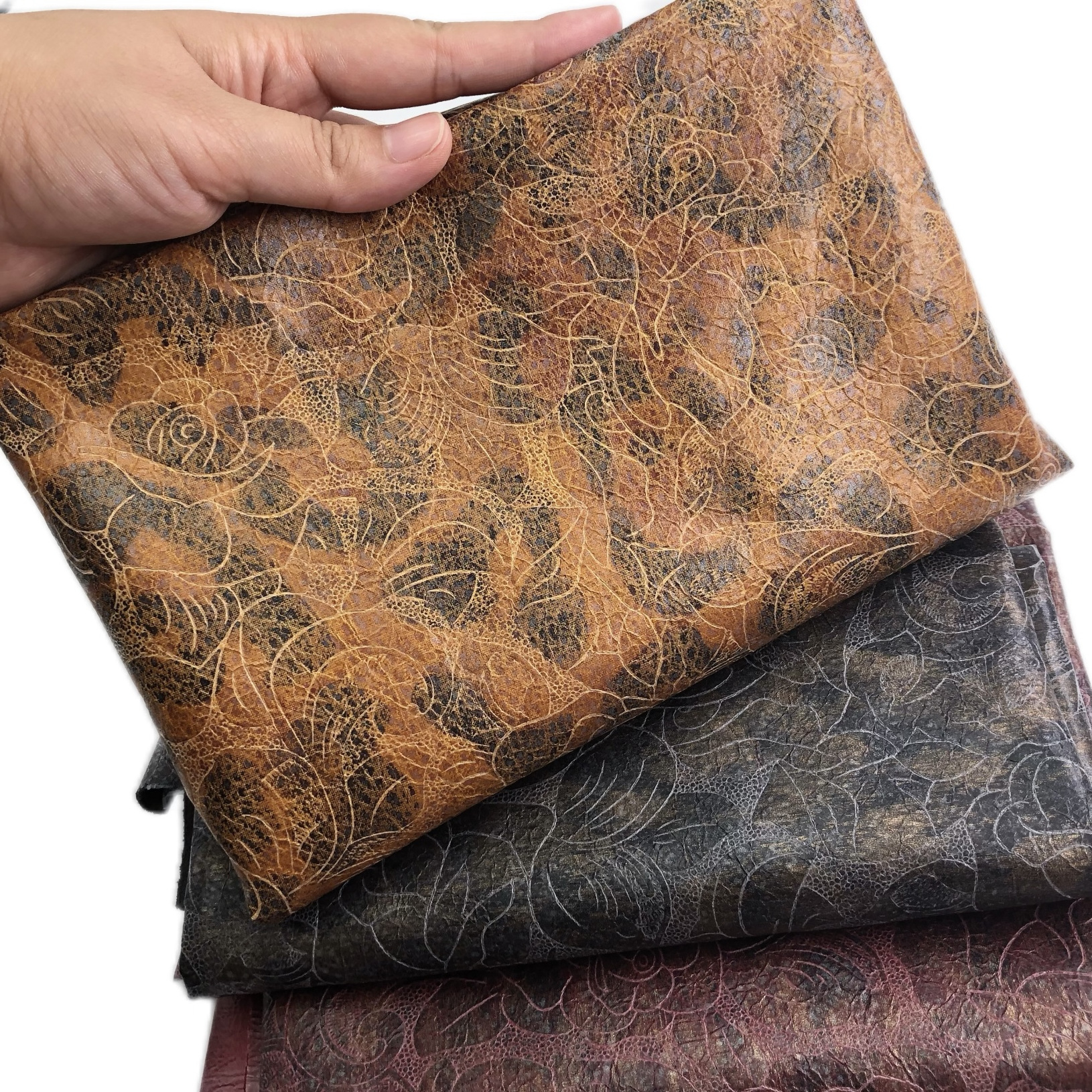 Classical style floral pattern print leather look polyester suede velvet fabric for costume bags shoes decorate