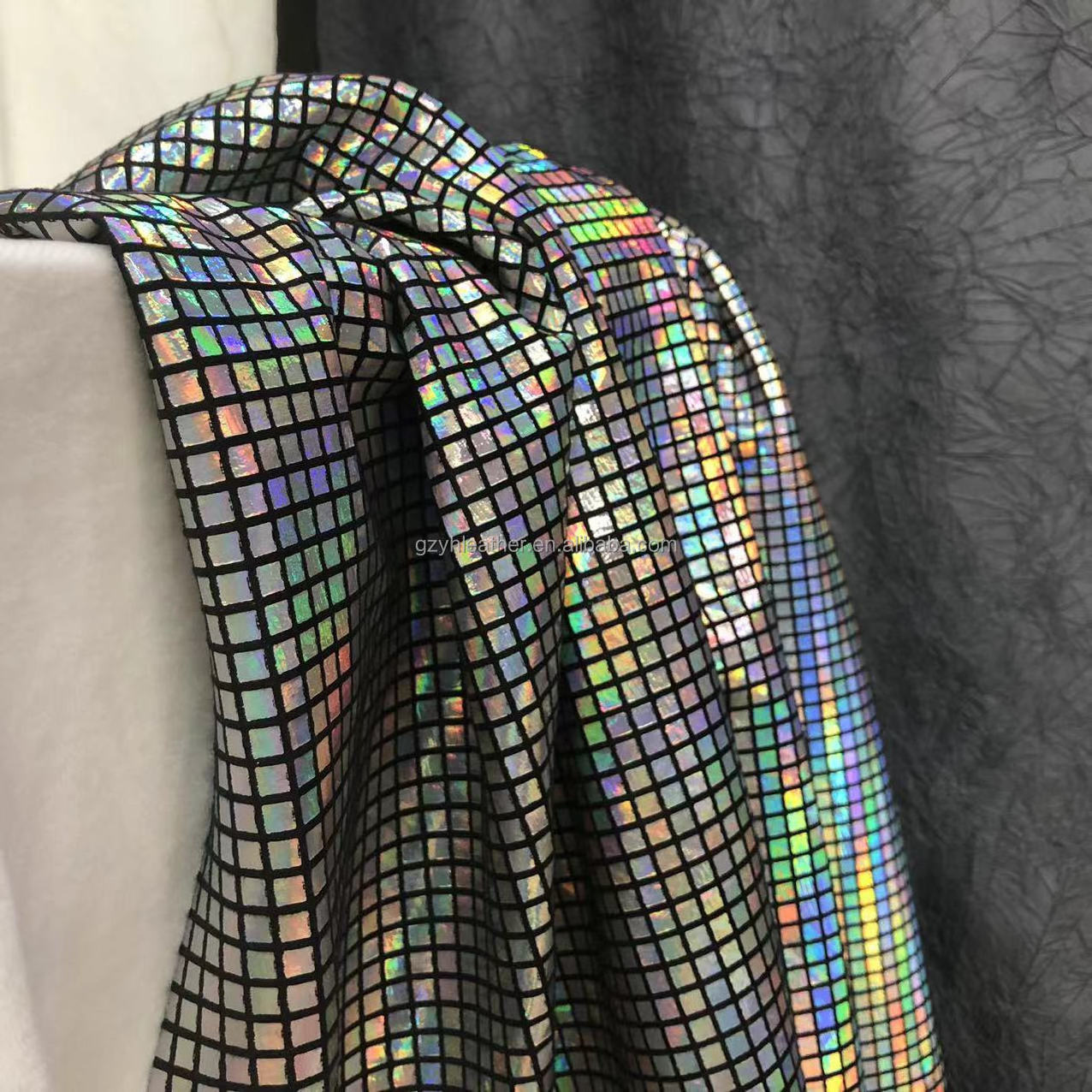 0.4cm size retro disco laser holographic square foil print polyester velvet fabric for garment bags shoes