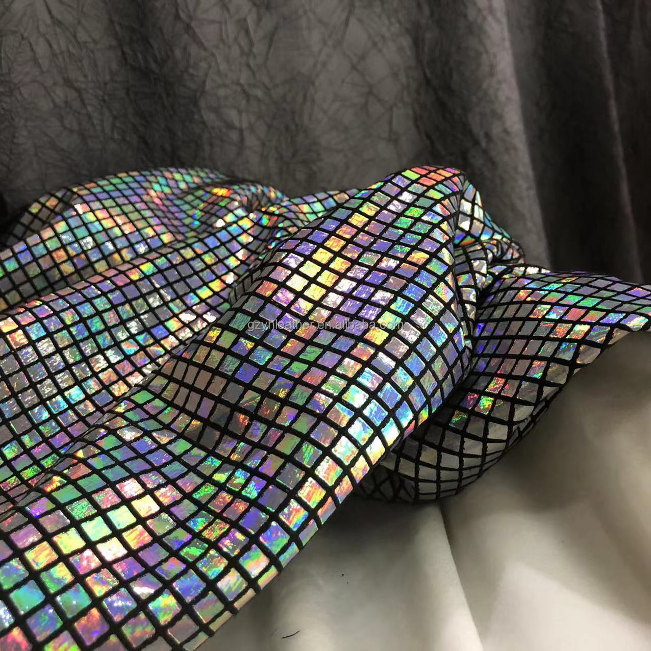 0.4cm size retro disco laser holographic square foil print polyester velvet fabric for garment bags shoes