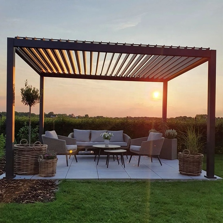 Wall Mounted Pergola Gazebo Waterproof Aluminum Electric Pergola with LED Lights Patio Gazebo Luxury Grey Customized Size