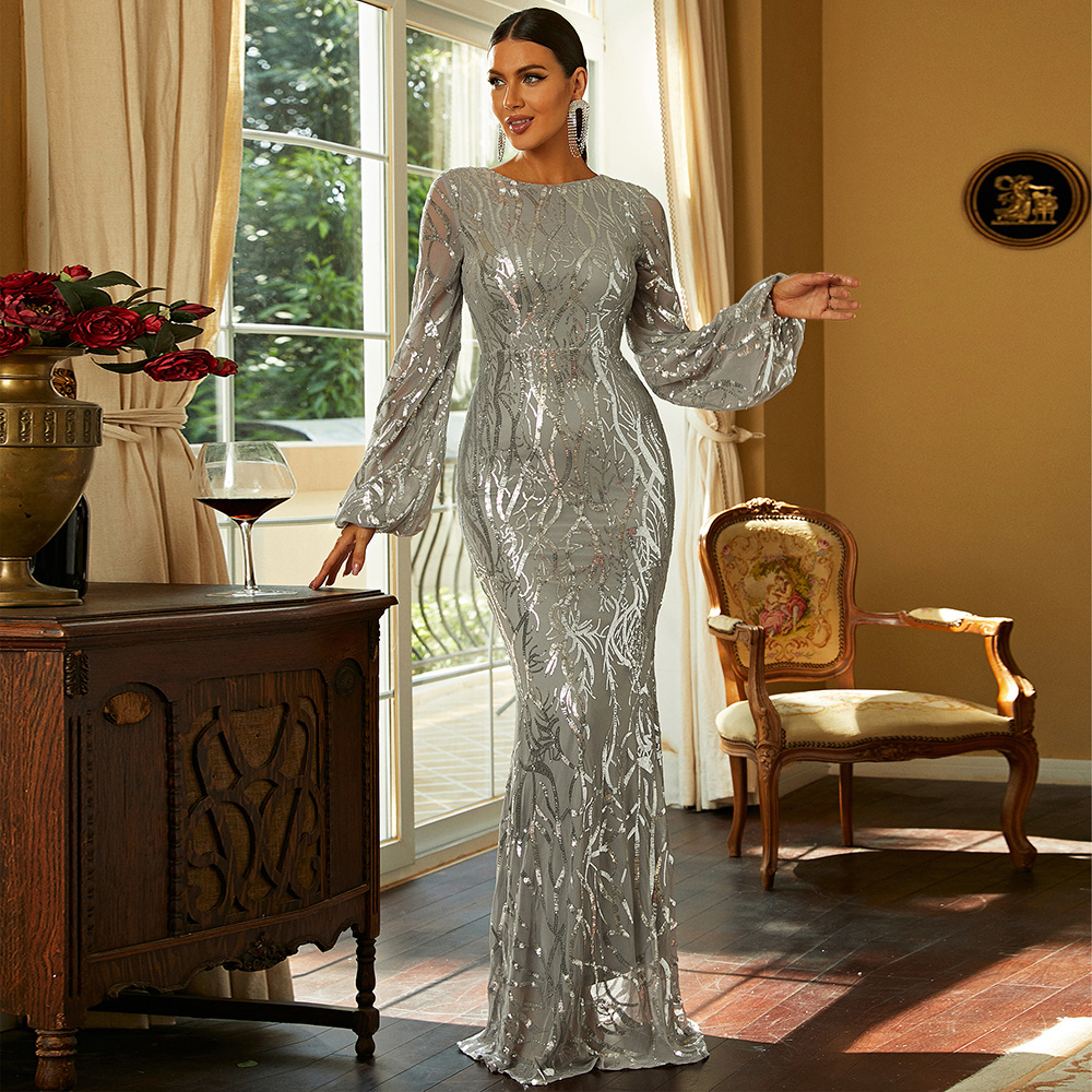 Missord Lantern Sleeve Mermaid Hem Contrast Sequin Wedding  Formal African Silver Sequins Mermaid Evening Dresses