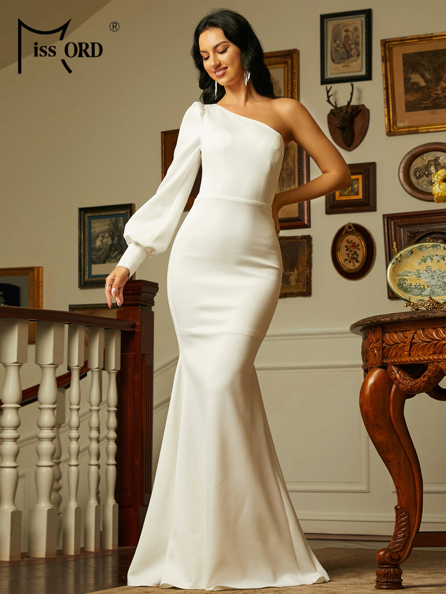 One Shoulder Lace Grecian White Wedding Dress Bridal Gowns Elegant