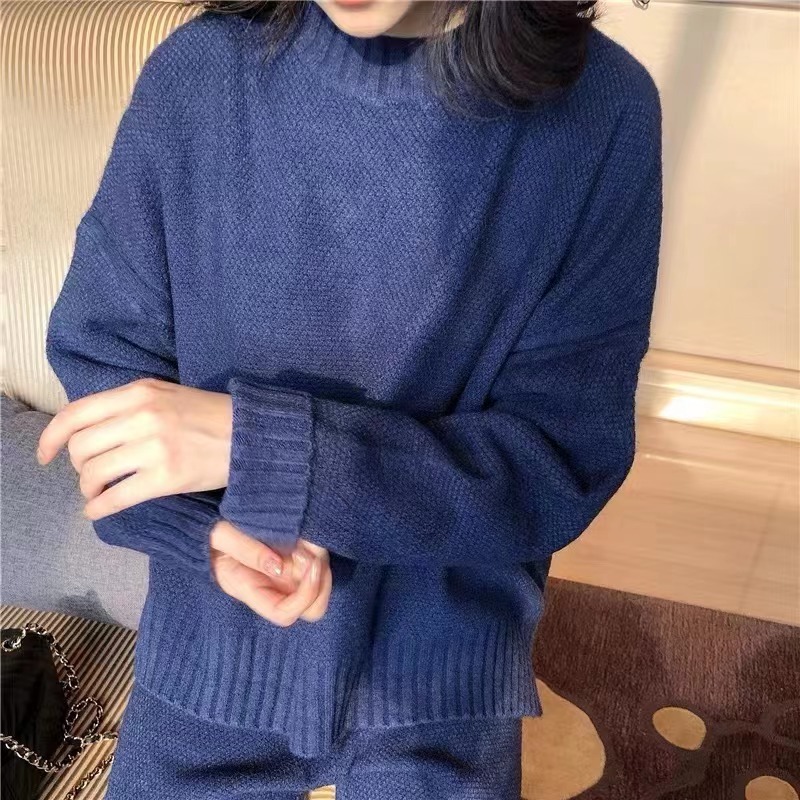 Winter Cashmere 2 Piece Knitted Crew Neck Tops Long Pants Fashion Loose Casual Pullovers Women Sweater