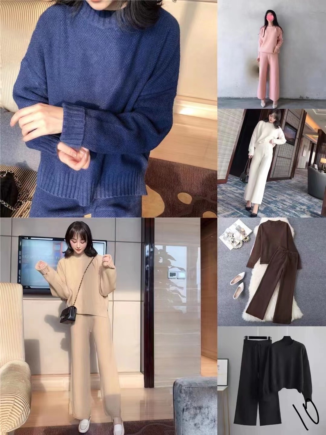 Winter Cashmere 2 Piece Knitted Crew Neck Tops Long Pants Fashion Loose Casual Pullovers Women Sweater