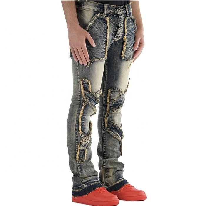 Yingling Stacked Jeans Men's Stacked Trousers Tapered Pants Locked And Loaded Ripper Jeans